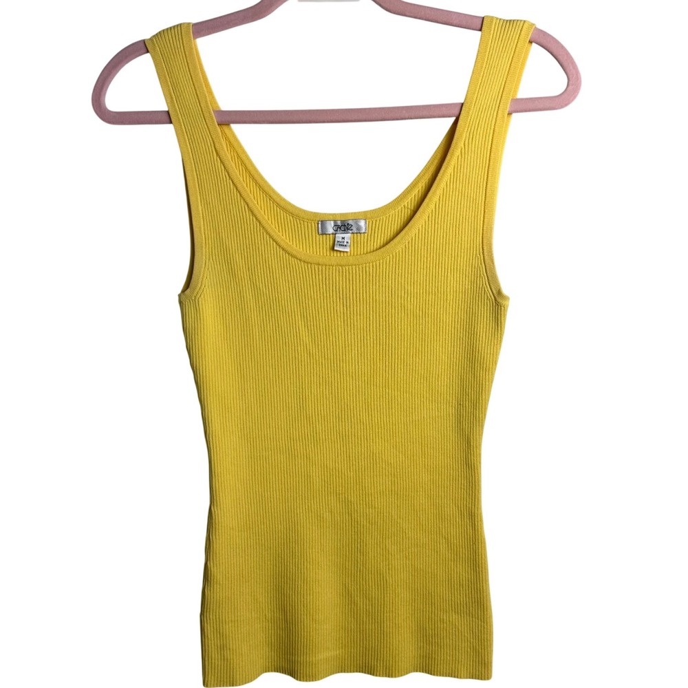 Vintage Cache Yellow Ribbed Knit Tank Top Scoop Neck Sleeveless Rayon‎ 90s y2k
